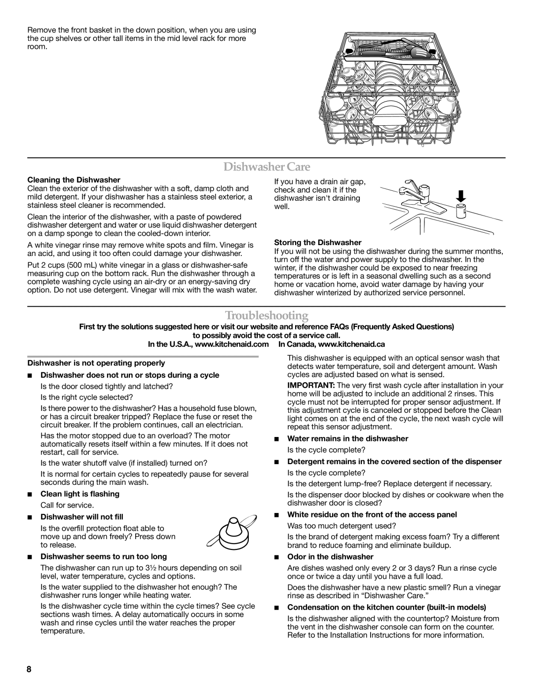 KitchenAid W10193740A, W10193741A warranty Dishwasher Care, Troubleshooting 