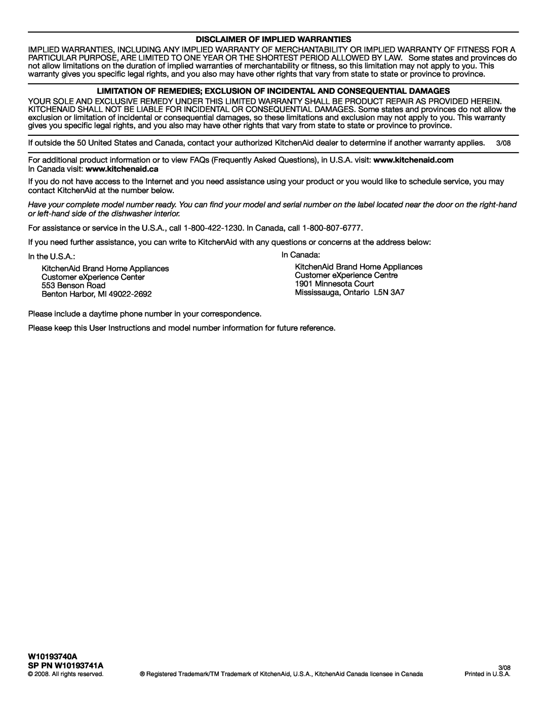 KitchenAid warranty Disclaimer Of Implied Warranties, W10193740A, SP PN W10193741A 