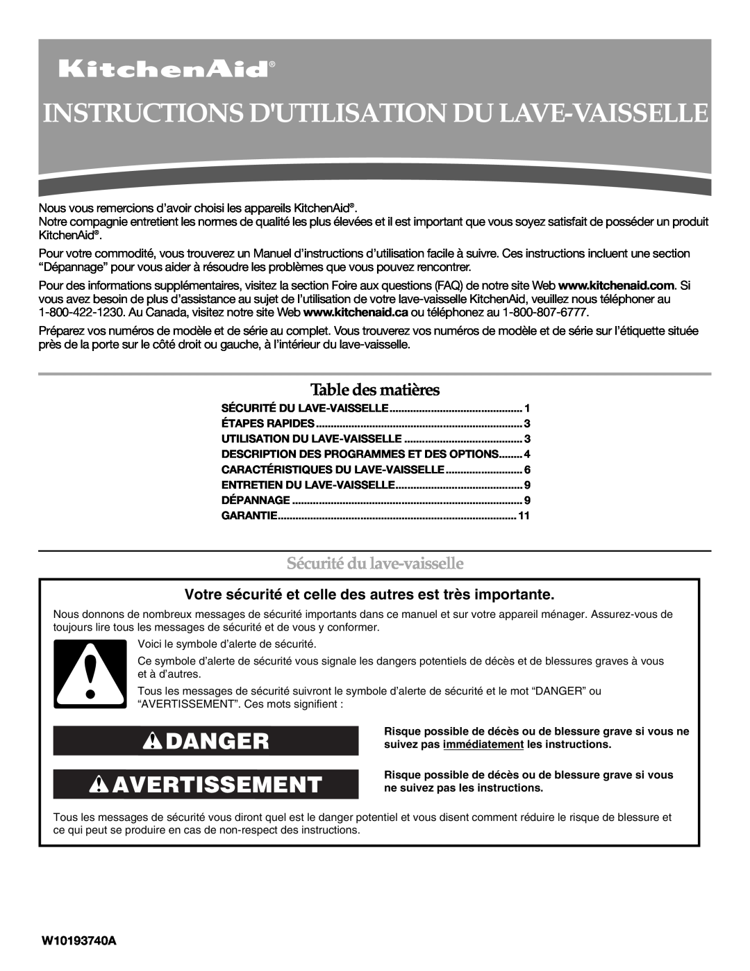 KitchenAid W10193740A, W10193741A Instructions Dutilisation Du Lave-Vaisselle, Danger Avertissement, Table des matières 