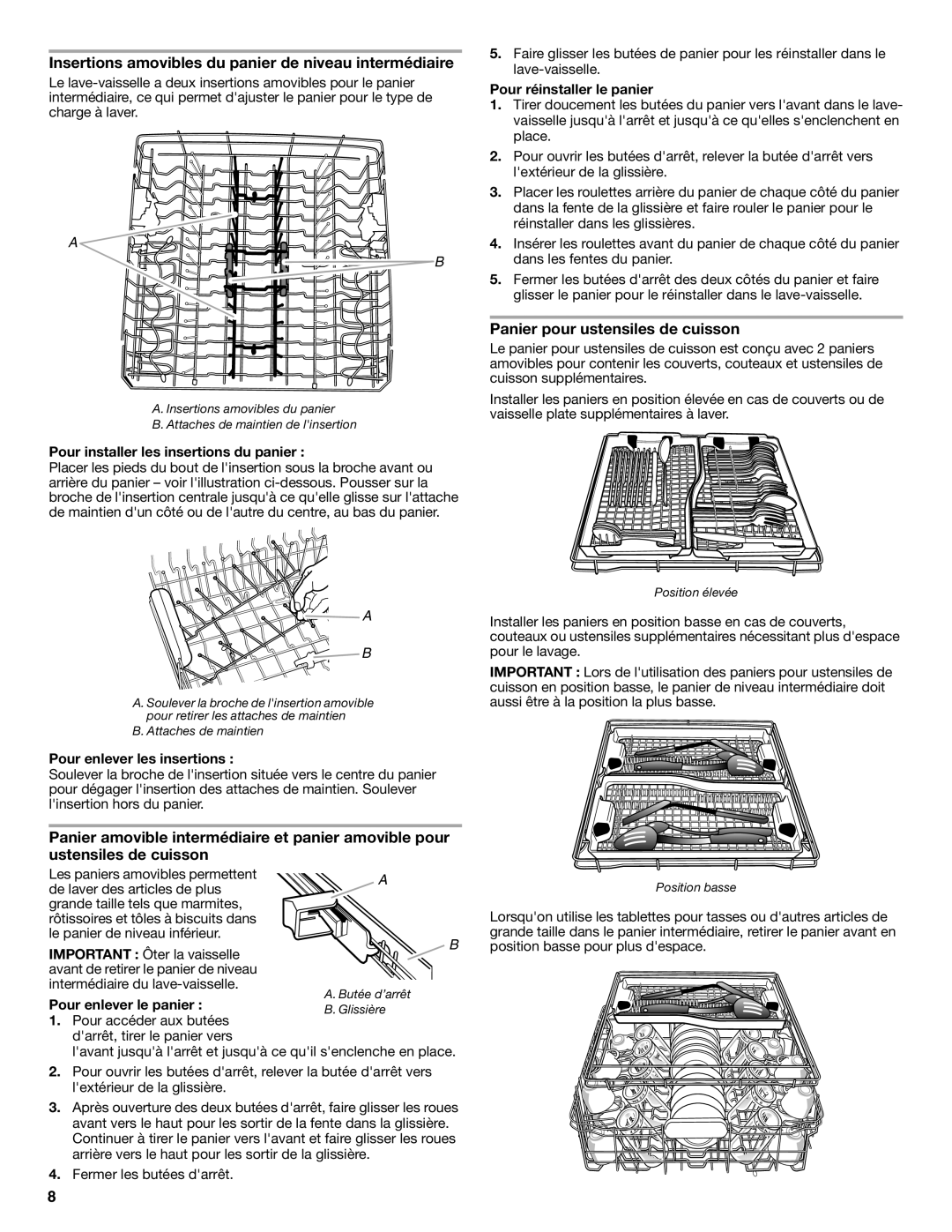 KitchenAid W10193741A warranty Insertions amovibles du panier de niveau intermédiaire, Panier pour ustensiles de cuisson 