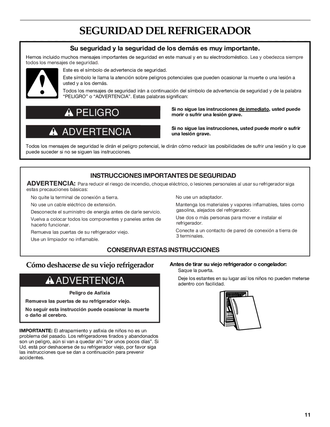 KitchenAid W10199299A / 8336411962720 manual Seguridad Delrefrigerador, Antes de tirar su viejo refrigerador o congelador 