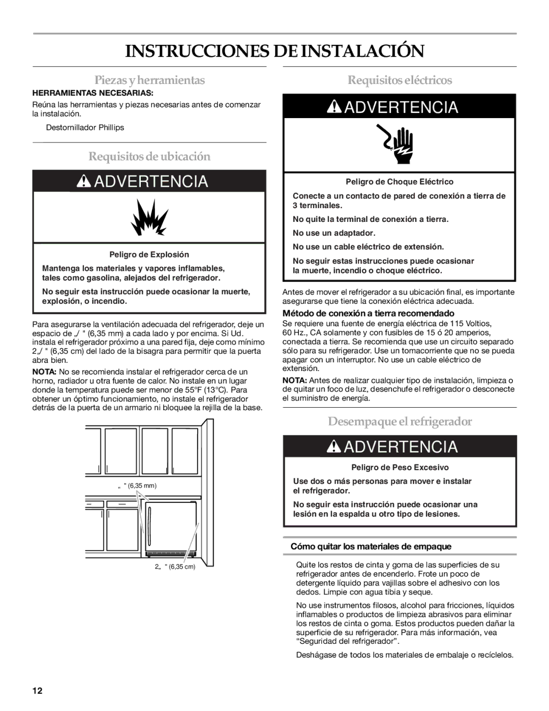 KitchenAid W10199299A / 8336411962720 manual Instrucciones DE Instalación, Piezasyherramientas, Requisitosdeubicación 