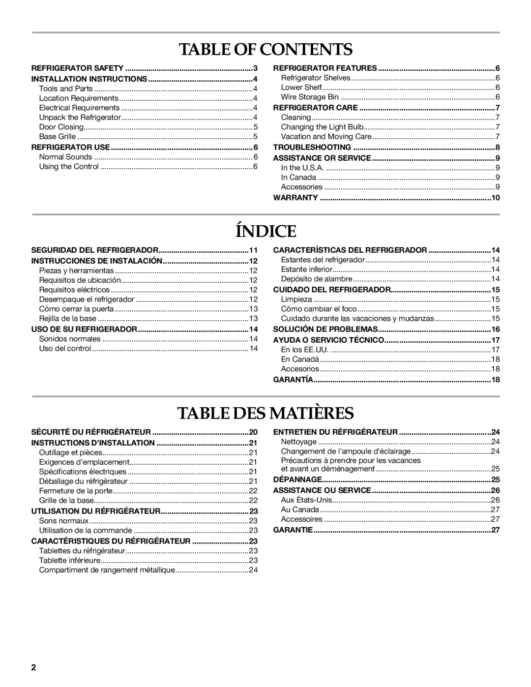 KitchenAid W10199299A / 8336411962720 manual Table of Contents, Índice, Table DES Matières 