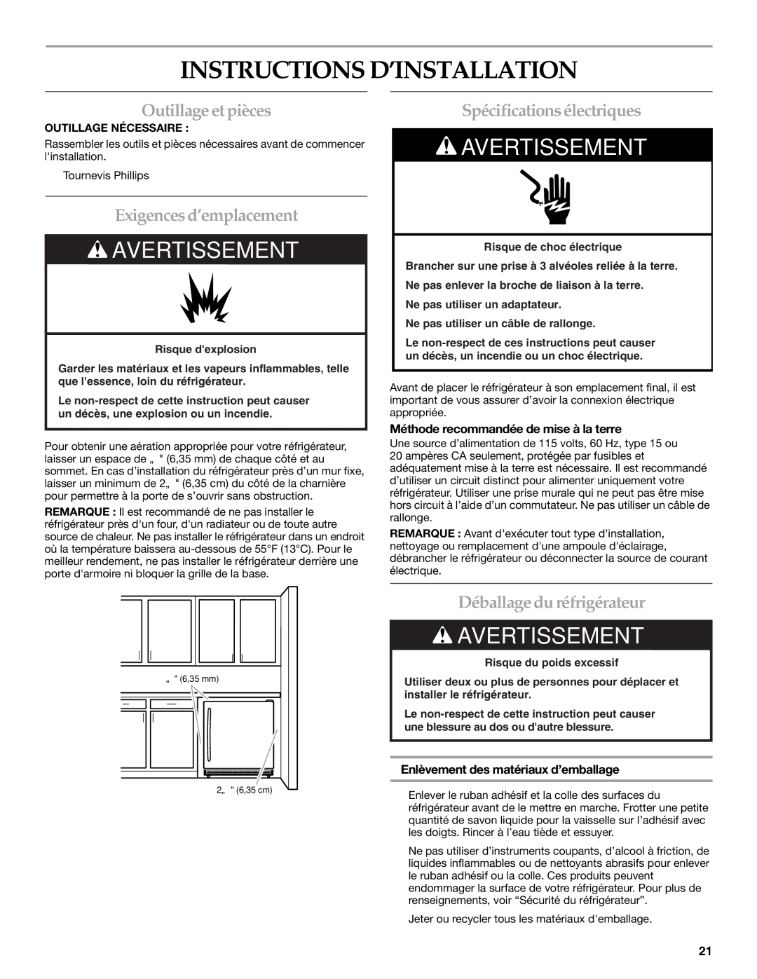 KitchenAid W10199299A / 8336411962720 manual Instructions D’INSTALLATION, Outillageetpièces, Exigencesd’emplacement 