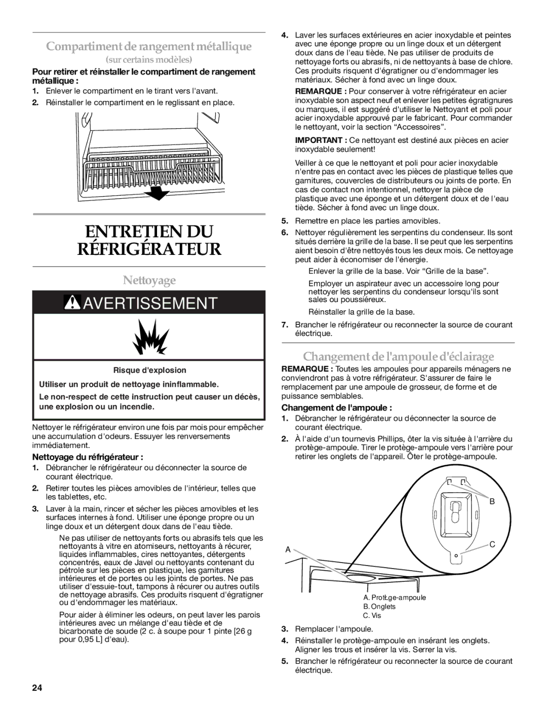 KitchenAid W10199299A / 8336411962720 manual Entretien DU Réfrigérateur, Compartimentderangementmétallique, Nettoyage 