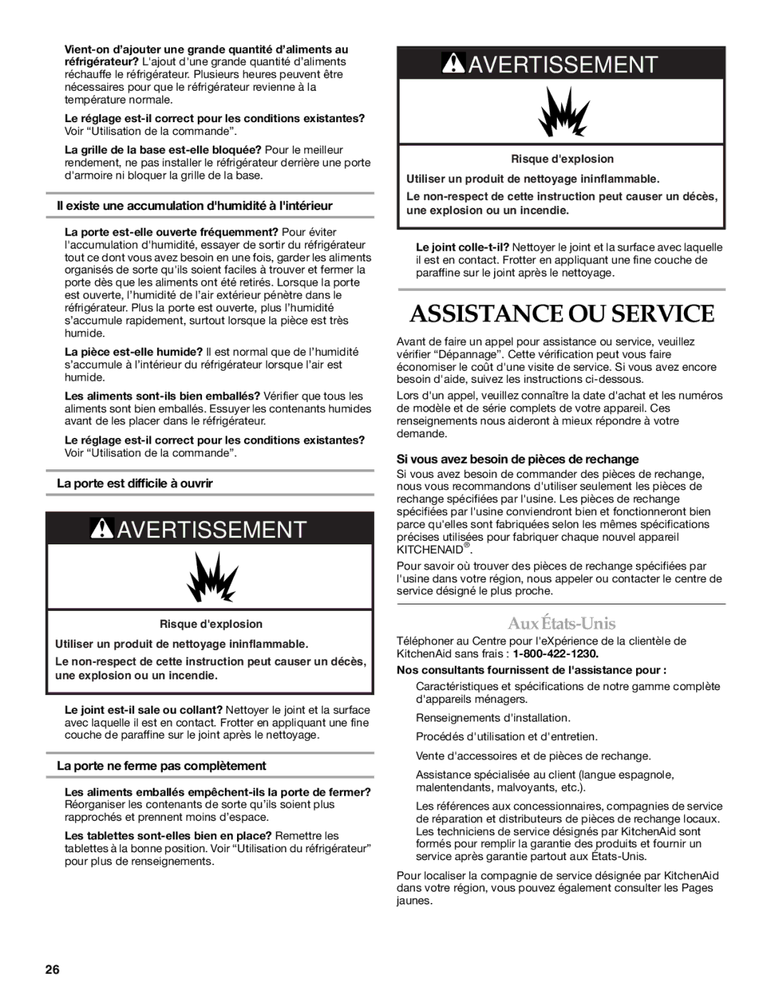 KitchenAid W10199299A / 8336411962720 manual Assistance OU Service, AuxÉtats-Unis 