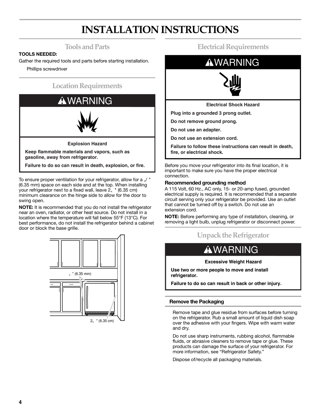 KitchenAid W10199299A / 8336411962720 manual Installation Instructions, ToolsandParts, LocationRequirements 