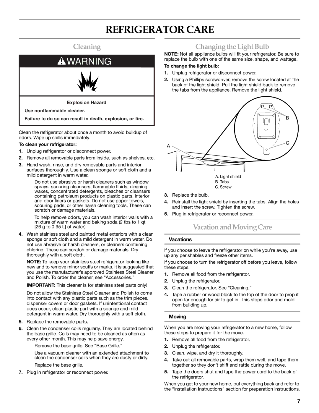 KitchenAid W10199299A / 8336411962720 manual Refrigerator Care, Cleaning, ChangingtheLightBulb, Vacation andMovingCare 