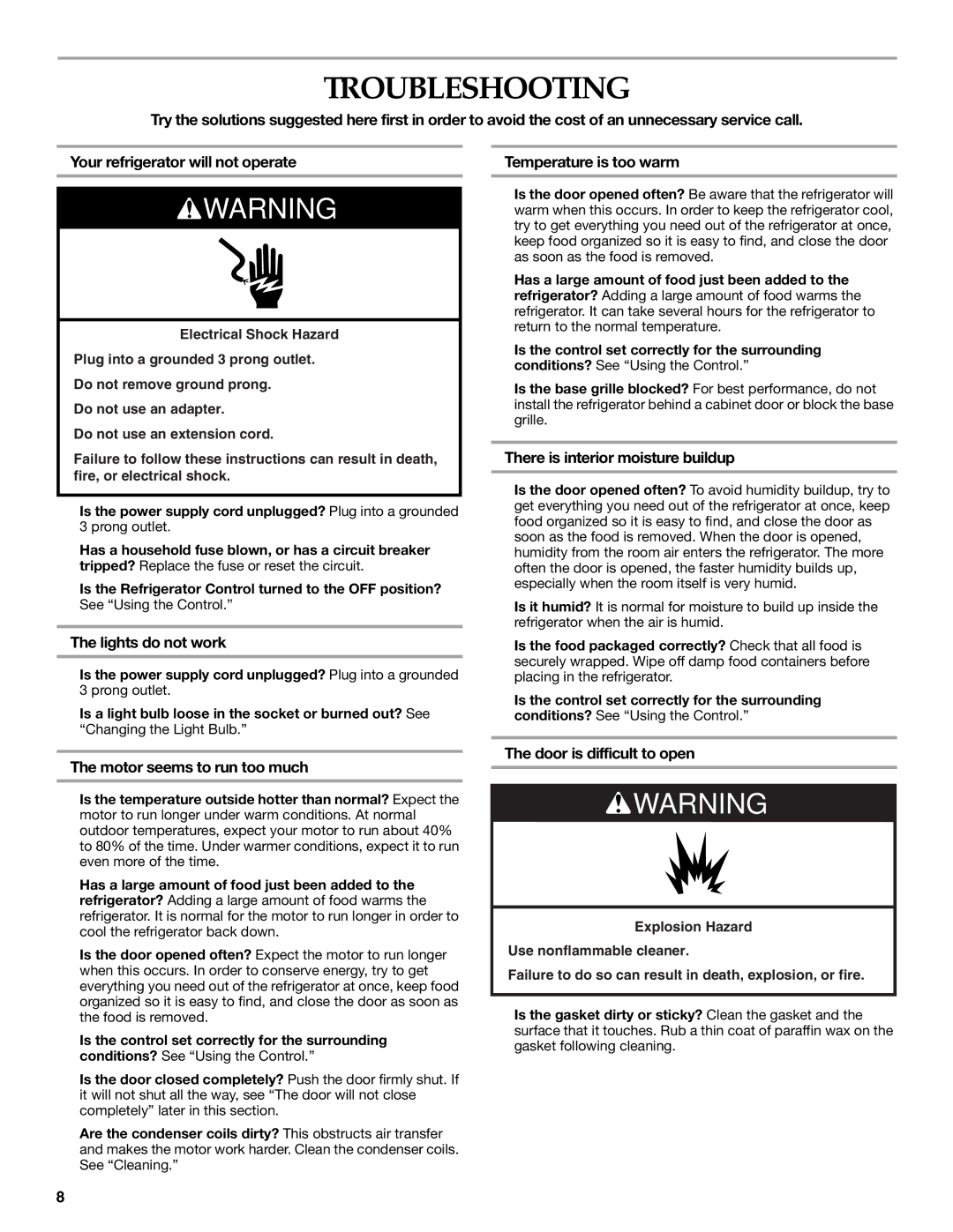 KitchenAid W10199299A / 8336411962720 manual Troubleshooting 