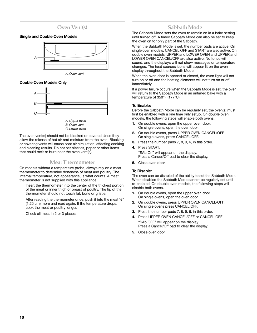 KitchenAid W10203458A manual Oven Vents, Meat Thermometer, Sabbath Mode 