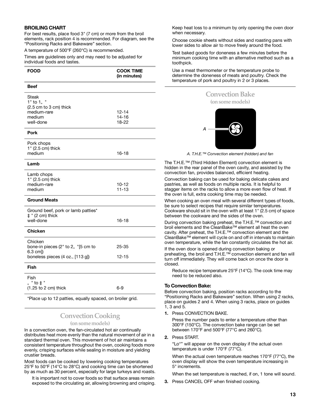 KitchenAid W10203458A manual Convection Cooking, Broiling Chart, To Convection Bake, Food Cook Time 