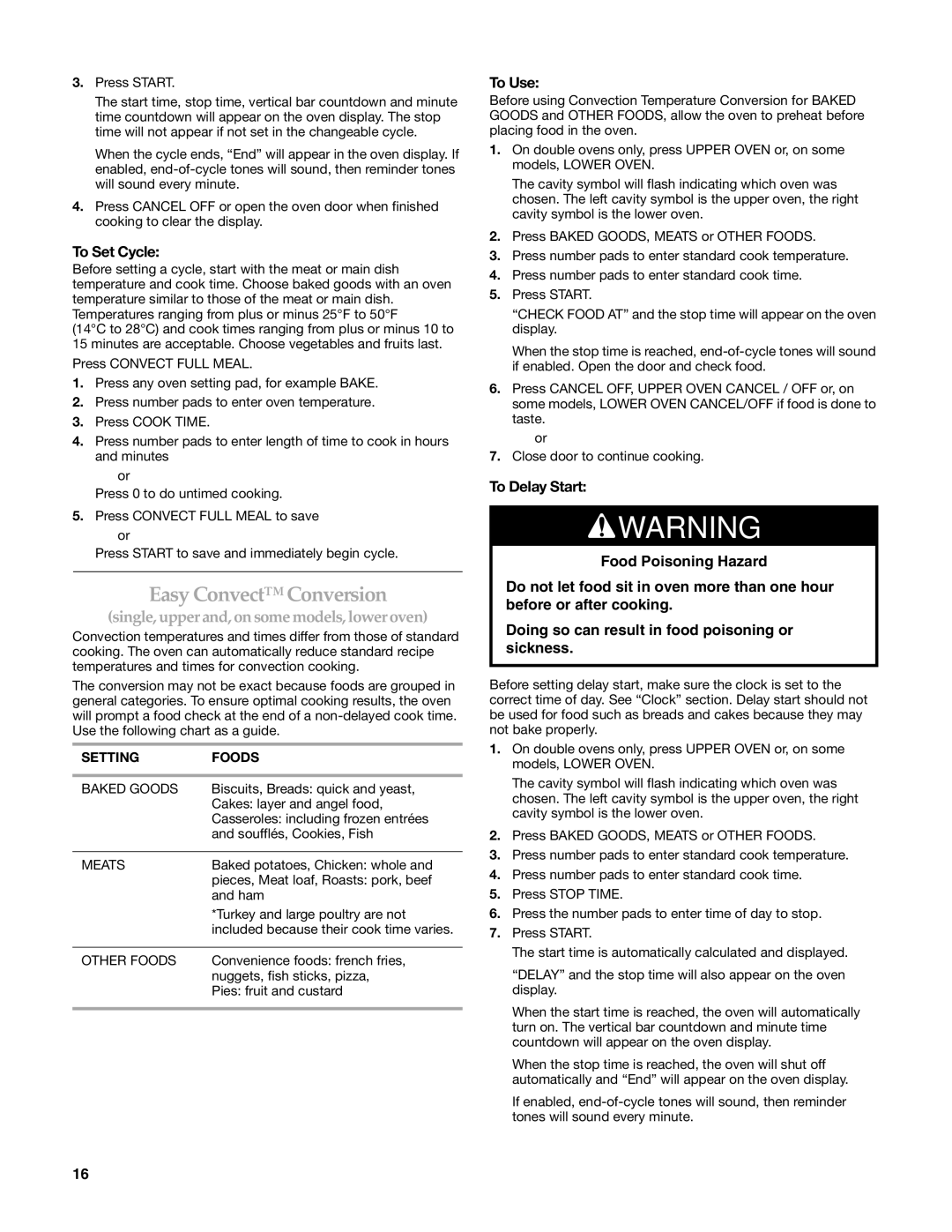 KitchenAid W10203458A manual Easy Convect Conversion, To Set Cycle, Setting Foods 