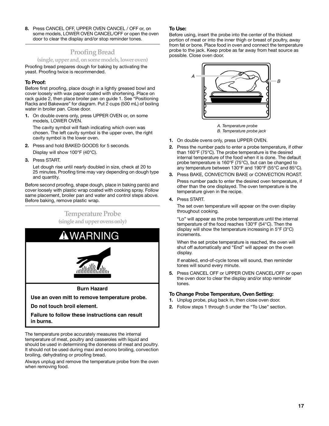 KitchenAid W10203458A manual Proofing Bread, Temperature Probe, To Proof, To Change Probe Temperature, Oven Setting 