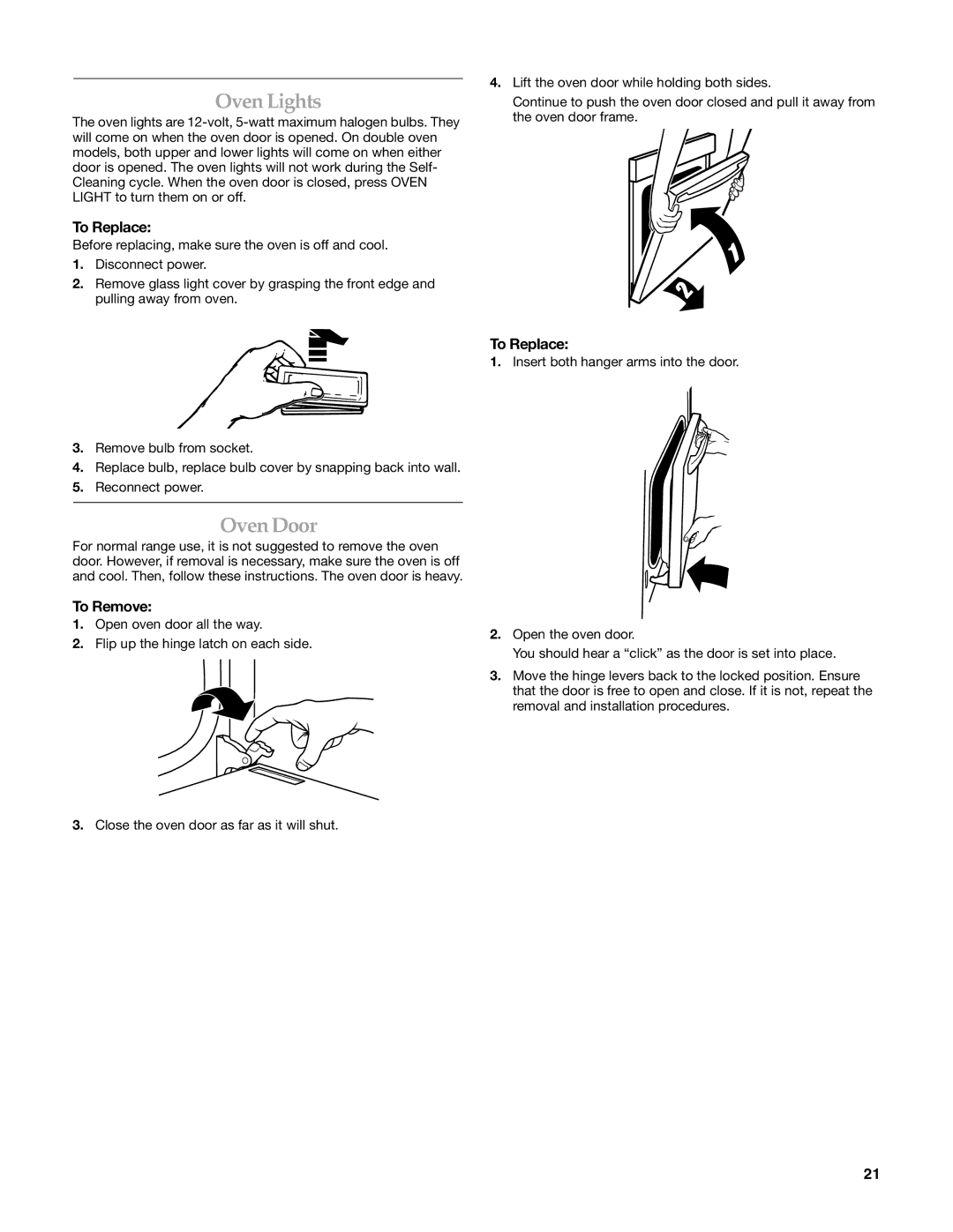 KitchenAid W10203458A manual Oven Lights, Oven Door, To Replace, To Remove 
