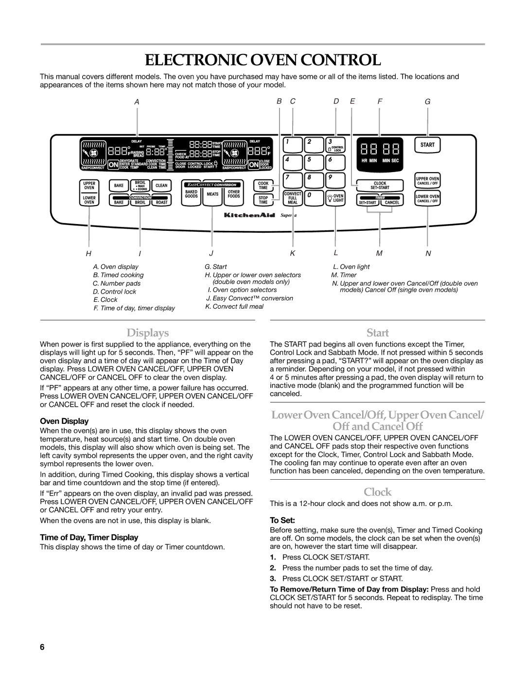 KitchenAid W10203458A manual Electronic Oven Control, Displays, Start, Clock 