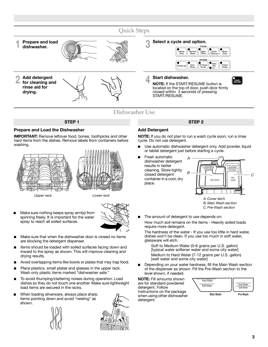 KitchenAid W10205937A warranty Quick Steps, Dishwasher Use, Select a cycle and option Start dishwasher, Add Detergent 