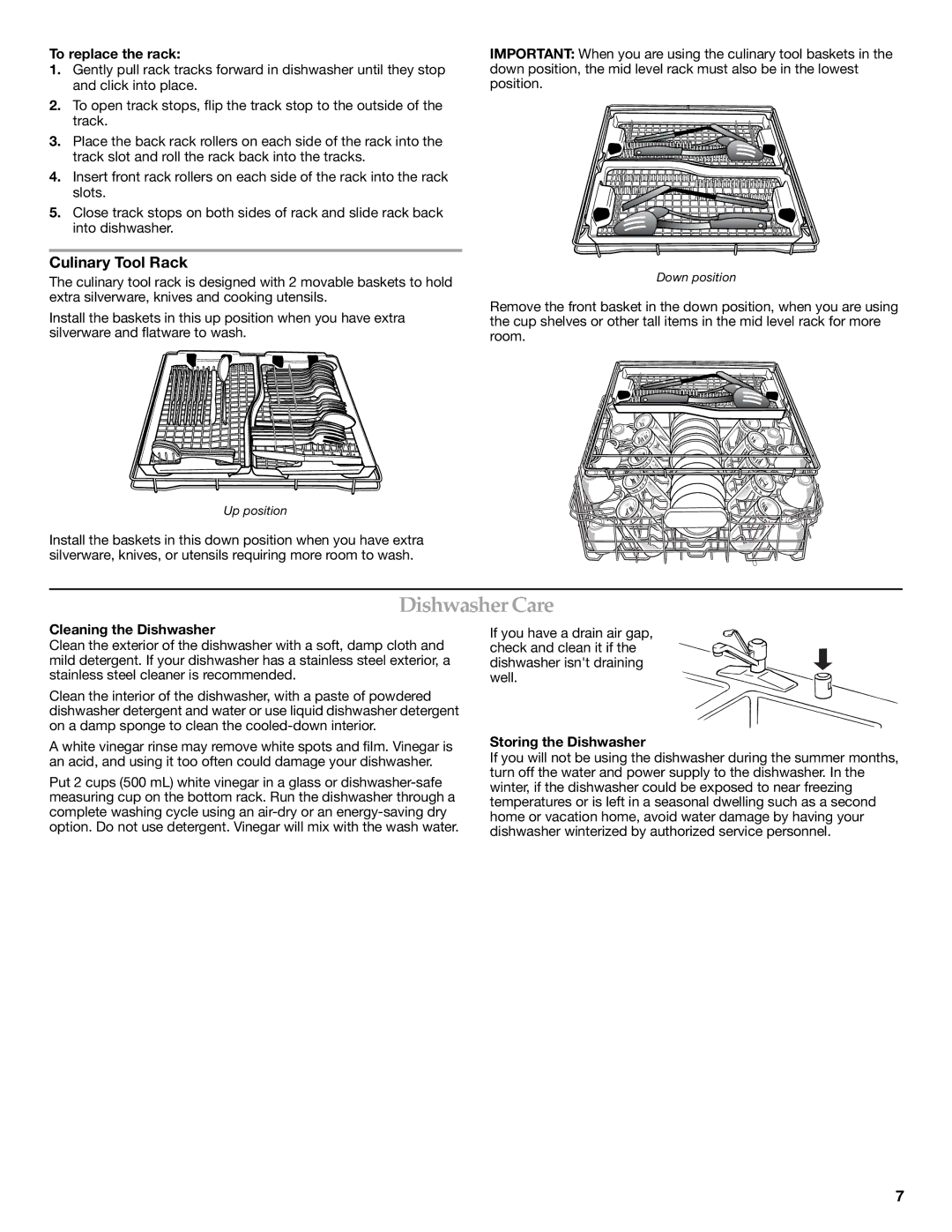 KitchenAid W10205937A warranty Dishwasher Care, Culinary Tool Rack, To replace the rack, Cleaning the Dishwasher 