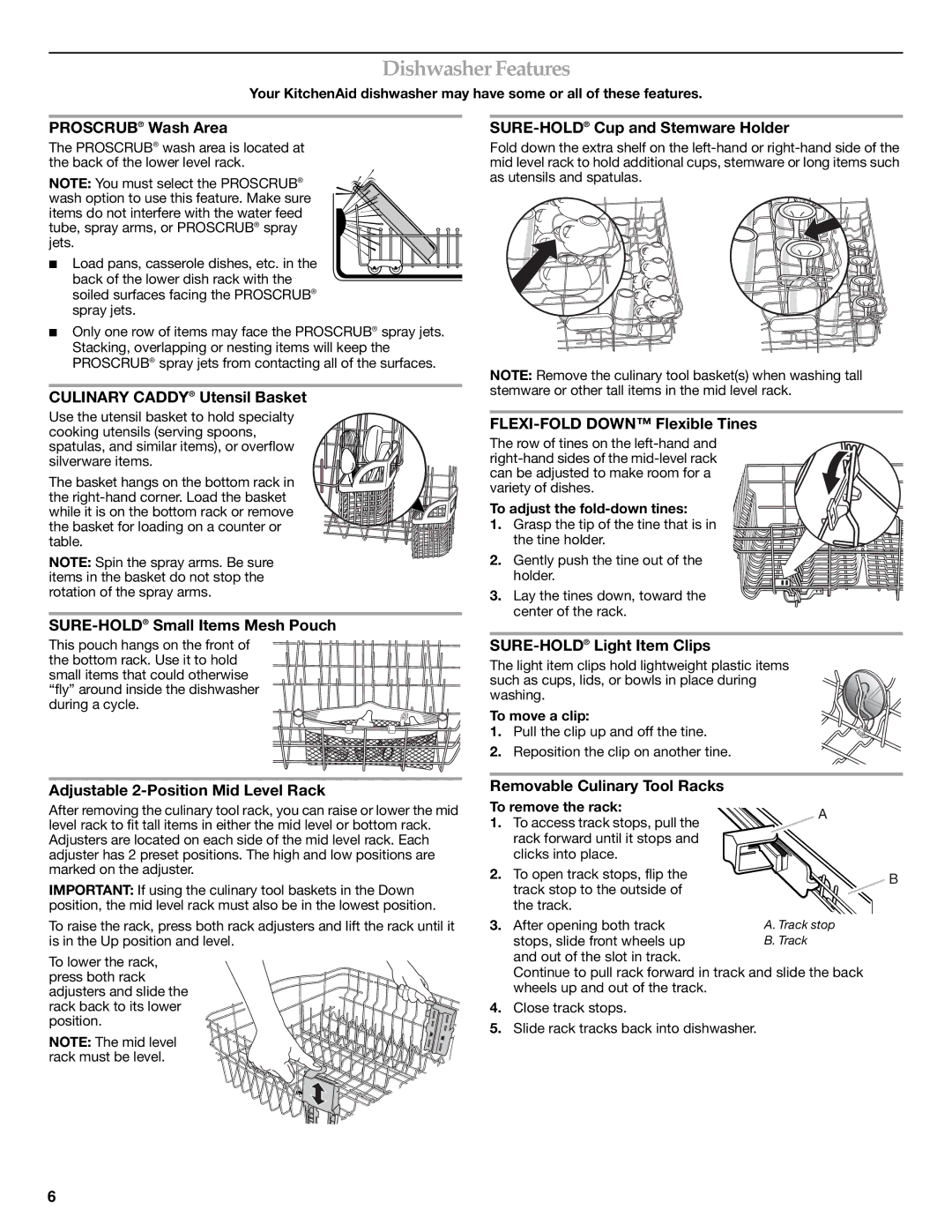 KitchenAid W10205938A, W10205937A warranty Dishwasher Features 