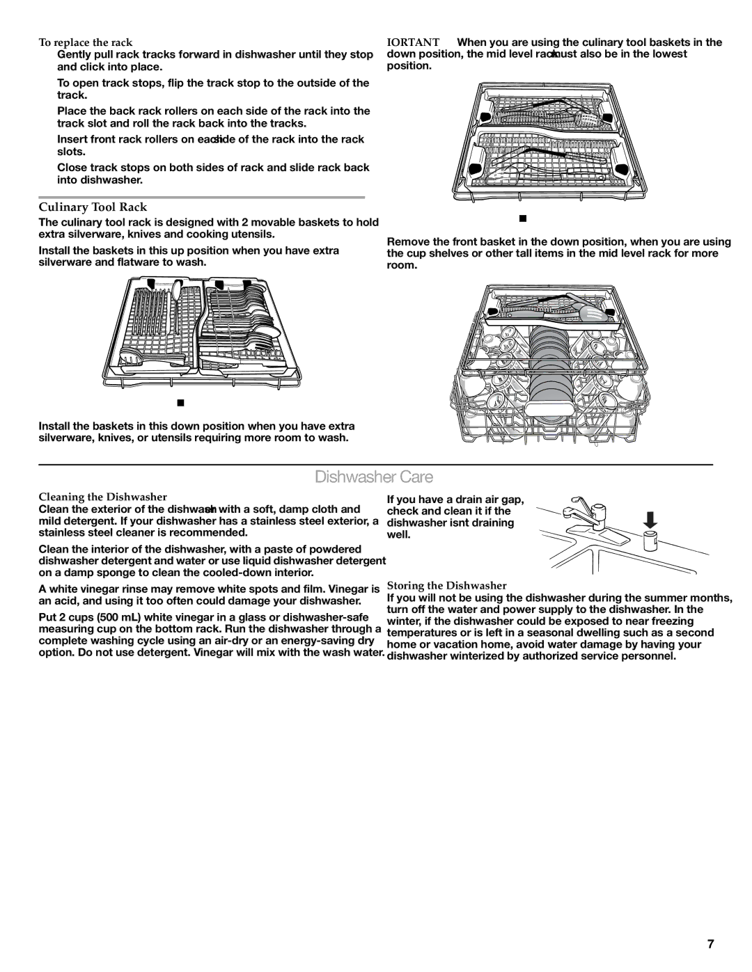 KitchenAid W10205938A, W10205937A warranty Dishwasher Care, Culinary Tool Rack, To replace the rack, Cleaning the Dishwasher 