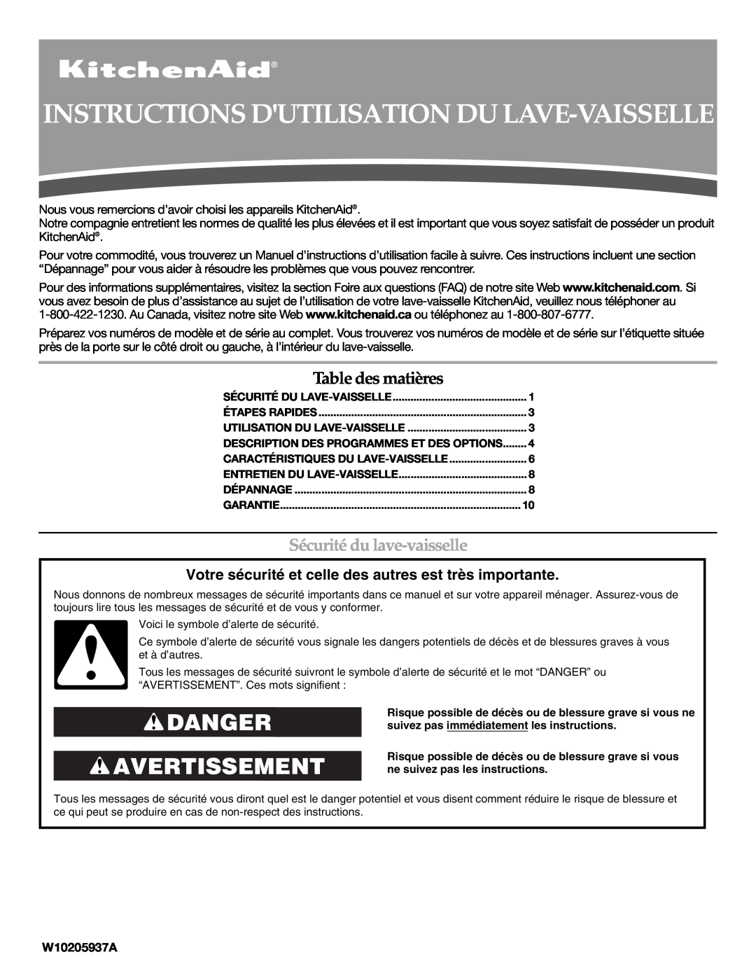 KitchenAid W10205937A, W10205938 Instructions Dutilisation Du Lave-Vaisselle, Danger Avertissement, Table des matières 