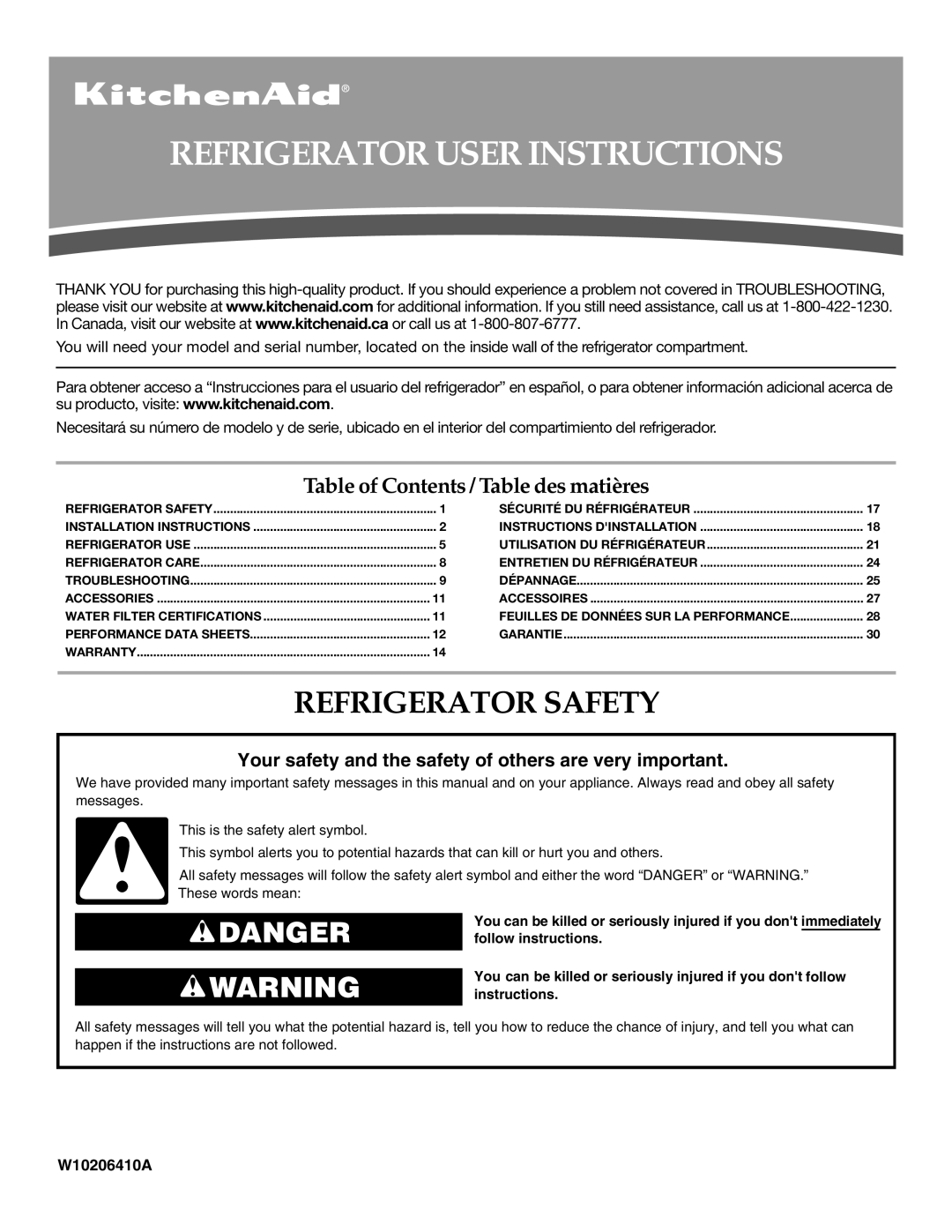 KitchenAid W10206411A, W10206410A installation instructions Refrigerator User Instructions, Refrigerator Safety 