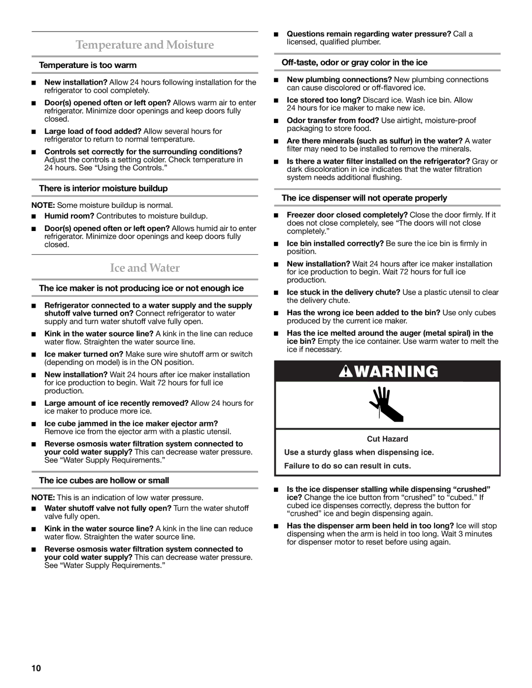 KitchenAid W10206410A, W10206411A installation instructions Temperature and Moisture, Ice and Water 