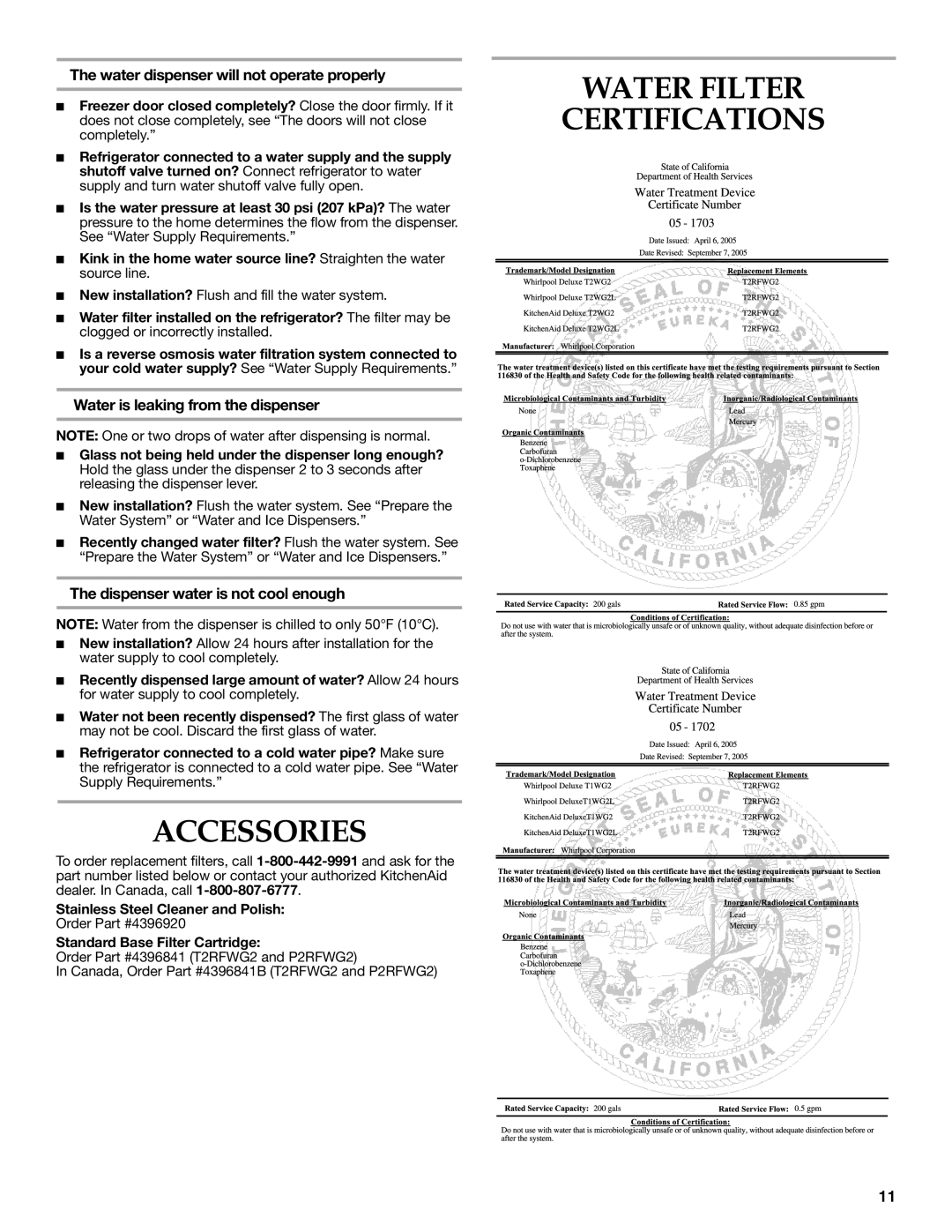 KitchenAid W10206411A, W10206410A Accessories, Water Filter Certifications, Water dispenser will not operate properly 