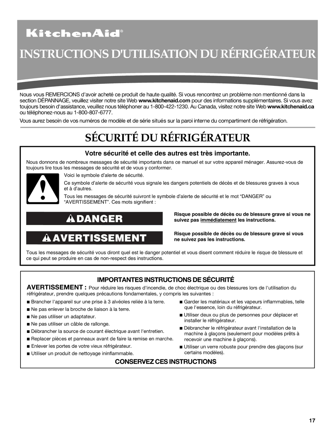 KitchenAid W10206411A, W10206410A Instructions Dutilisation DU Réfrigérateur, Sécurité DU Réfrigérateur 