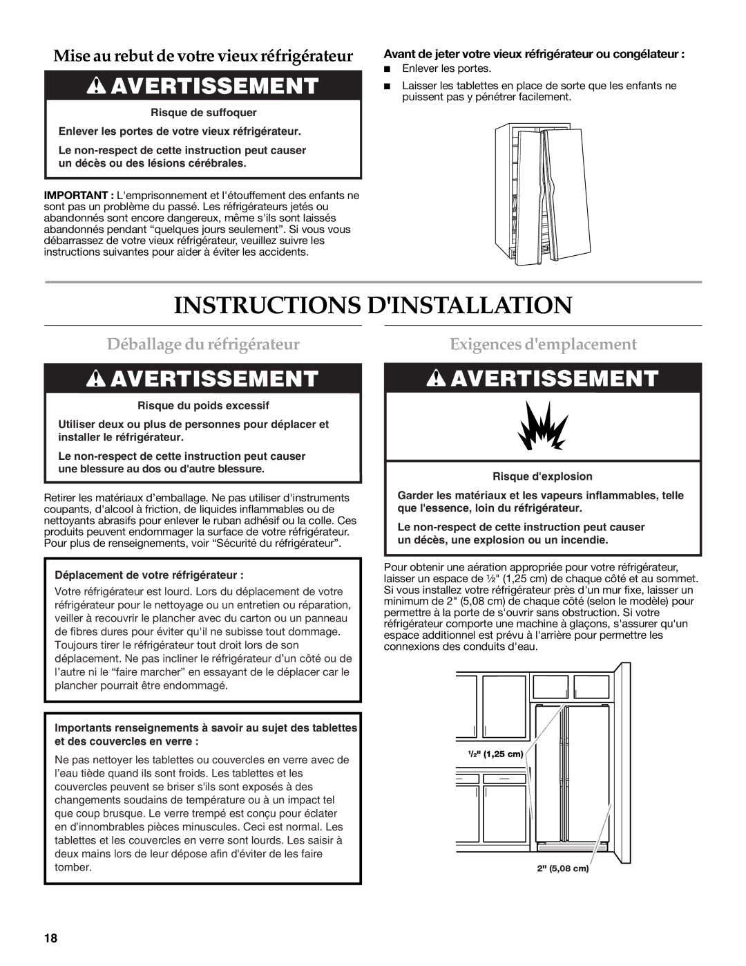 KitchenAid W10206410A, W10206411A Instructions Dinstallation, Déballage du réfrigérateur, Exigences demplacement 