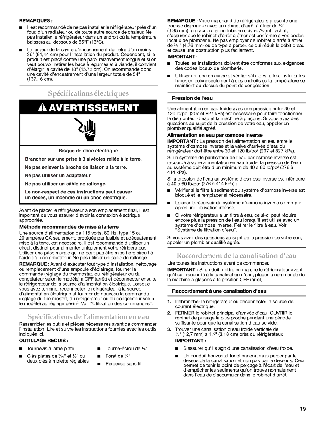 KitchenAid W10206411A, W10206410A Spécifications électriques, Spécifications de l’alimentation en eau 