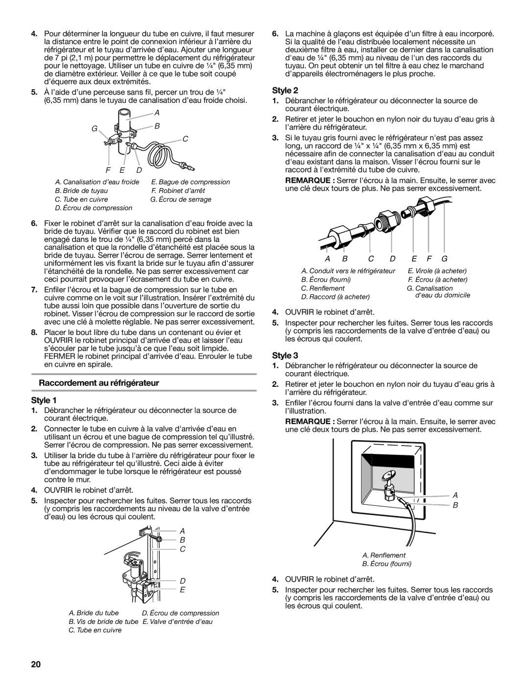 KitchenAid W10206410A, W10206411A installation instructions Raccordement au réfrigérateur Style 