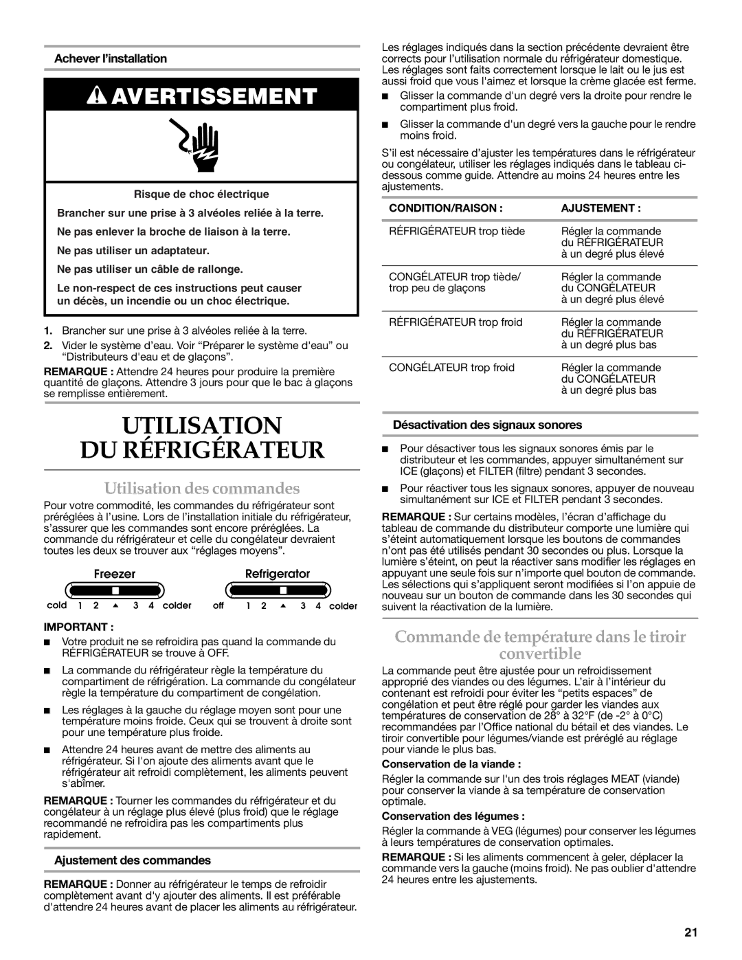 KitchenAid W10206411A, W10206410A installation instructions Utilisation DU Réfrigérateur, Utilisation des commandes 