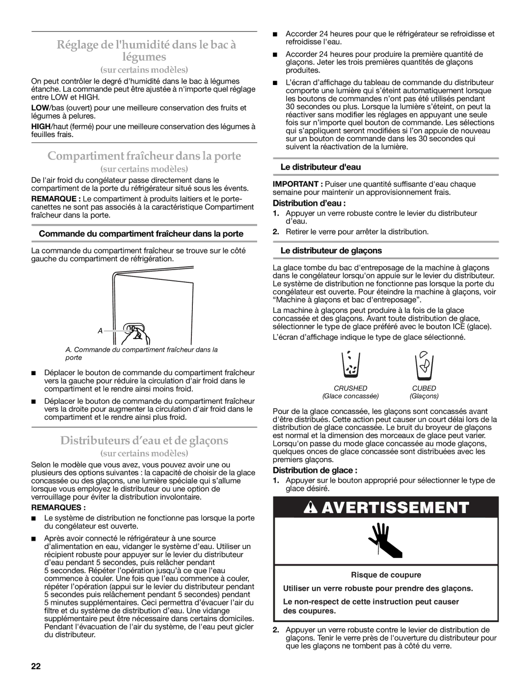 KitchenAid W10206410A, W10206411A Réglage de lhumidité dans le bac à légumes, Compartiment fraîcheur dans la porte 