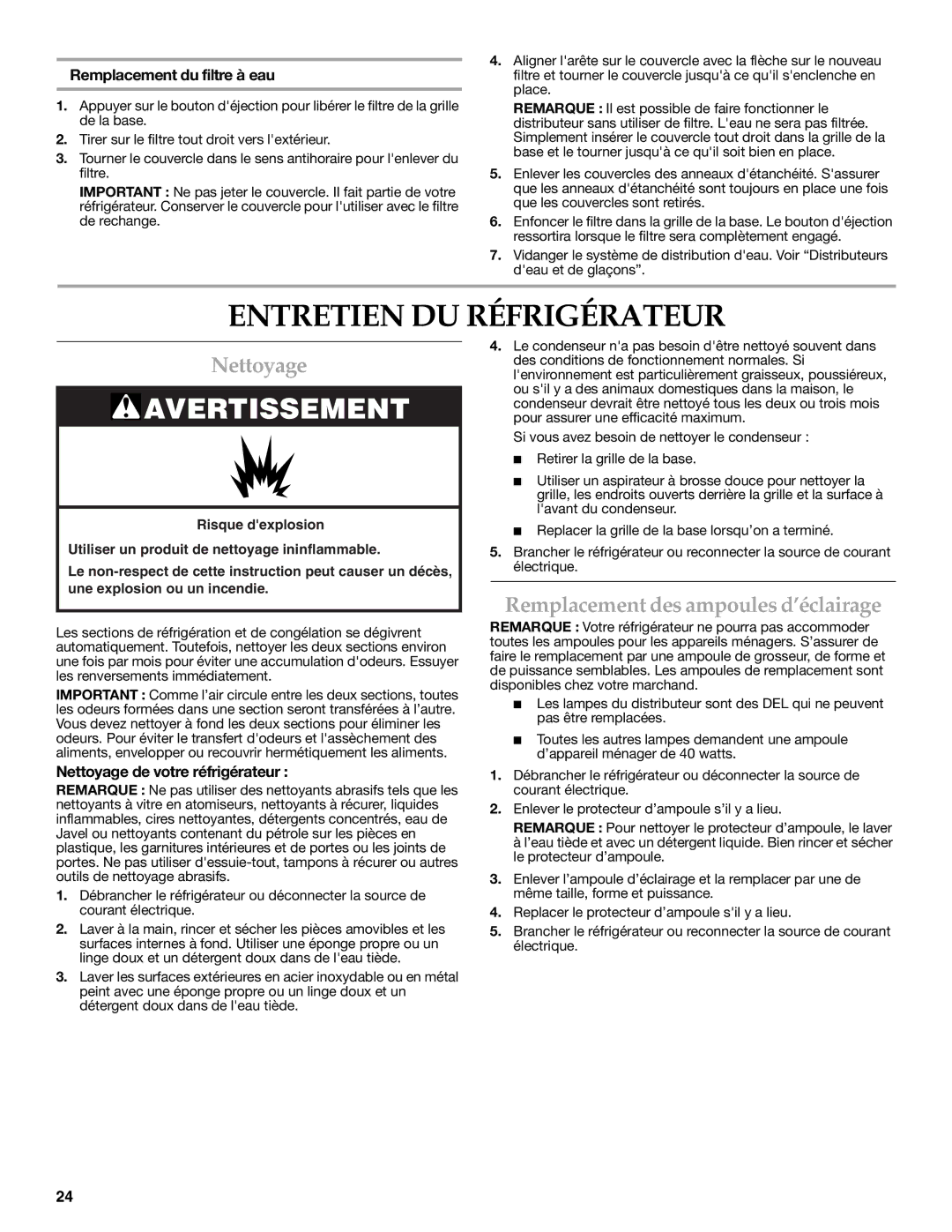 KitchenAid W10206410A, W10206411A Entretien DU Réfrigérateur, Nettoyage, Remplacement des ampoules d’éclairage 