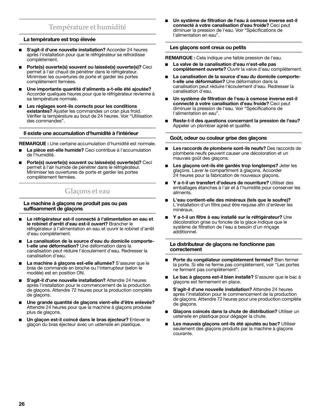 KitchenAid W10206410A, W10206411A installation instructions Température et humidité, Glaçons et eau 