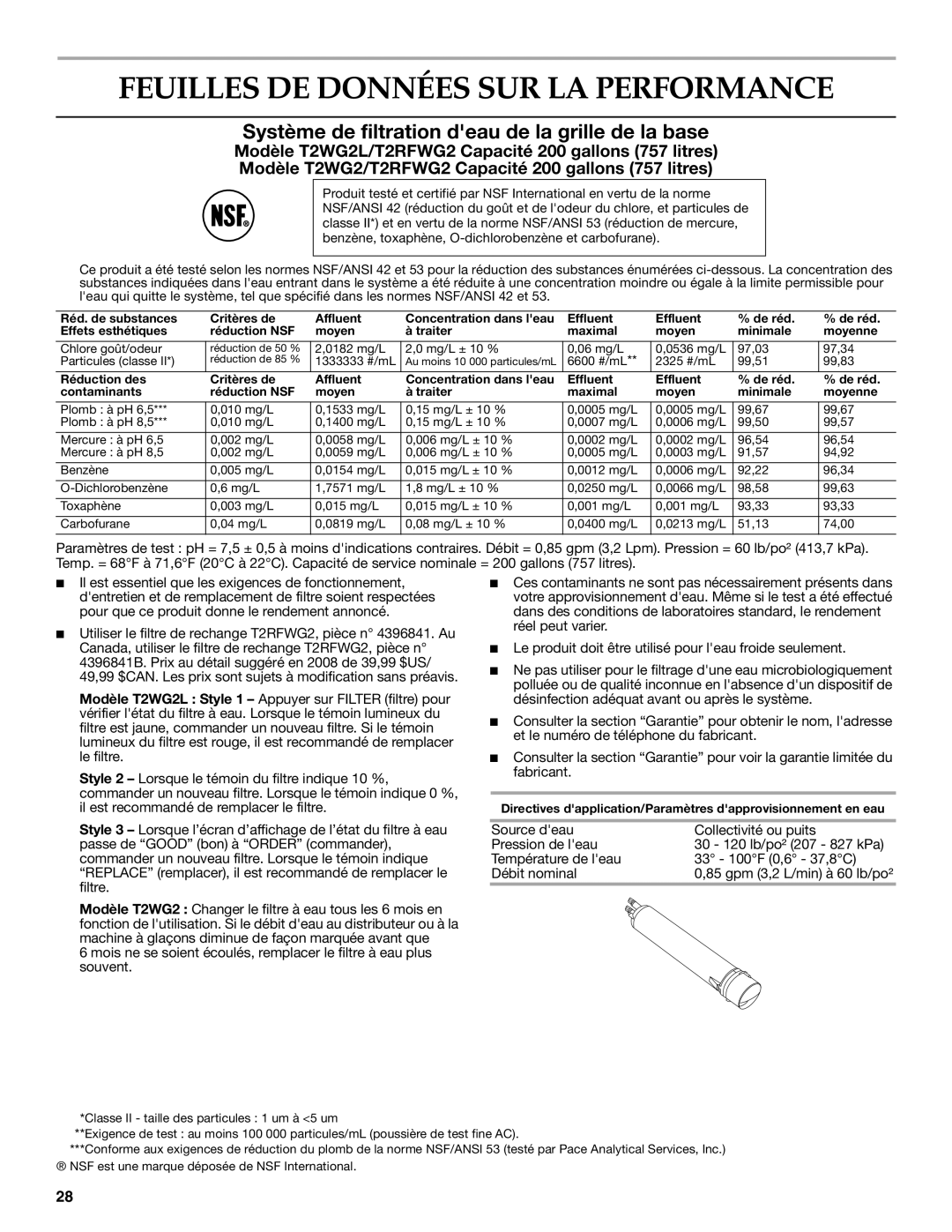 KitchenAid W10206410A Feuilles DE Données SUR LA Performance, Système de filtration deau de la grille de la base 