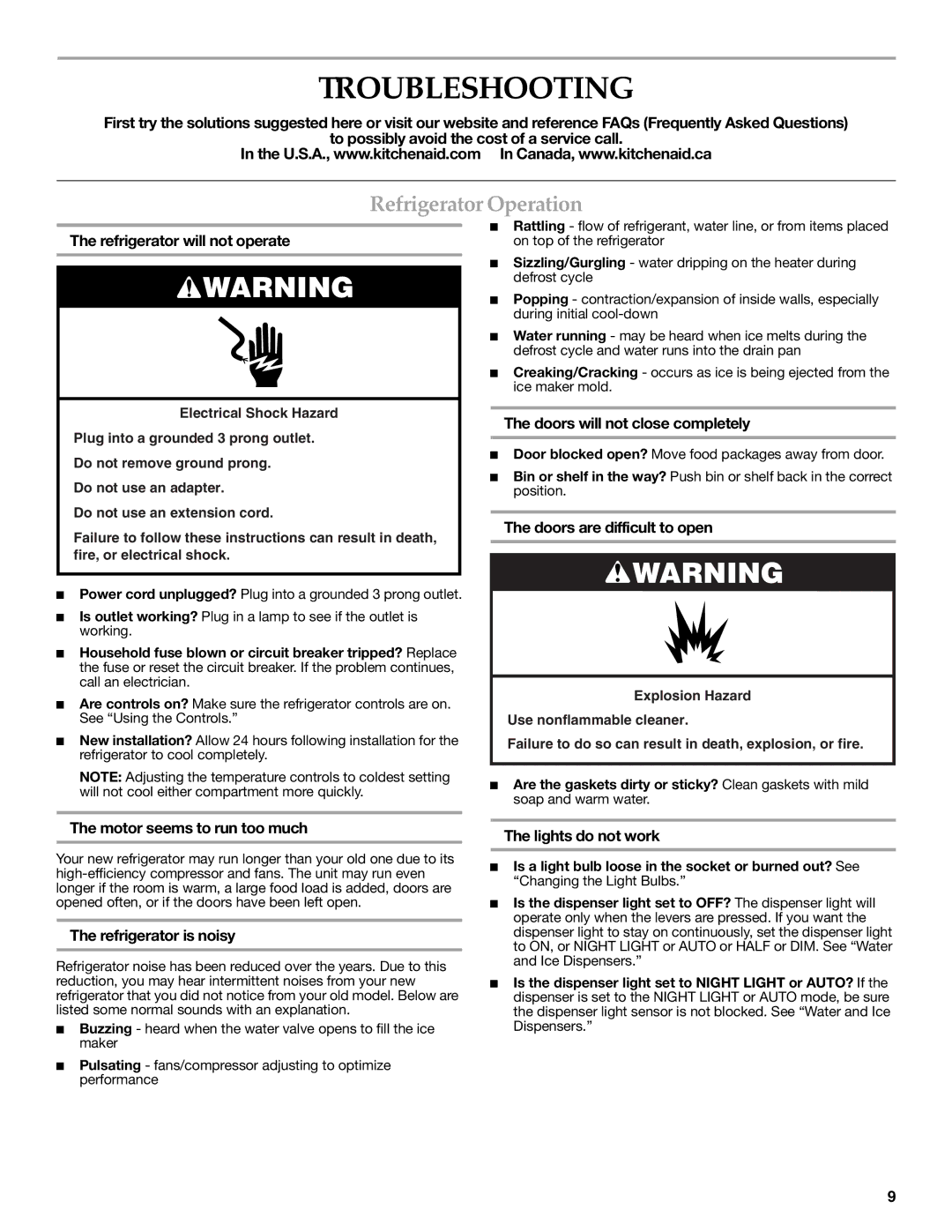 KitchenAid W10206411A, W10206410A installation instructions Troubleshooting, Refrigerator Operation 