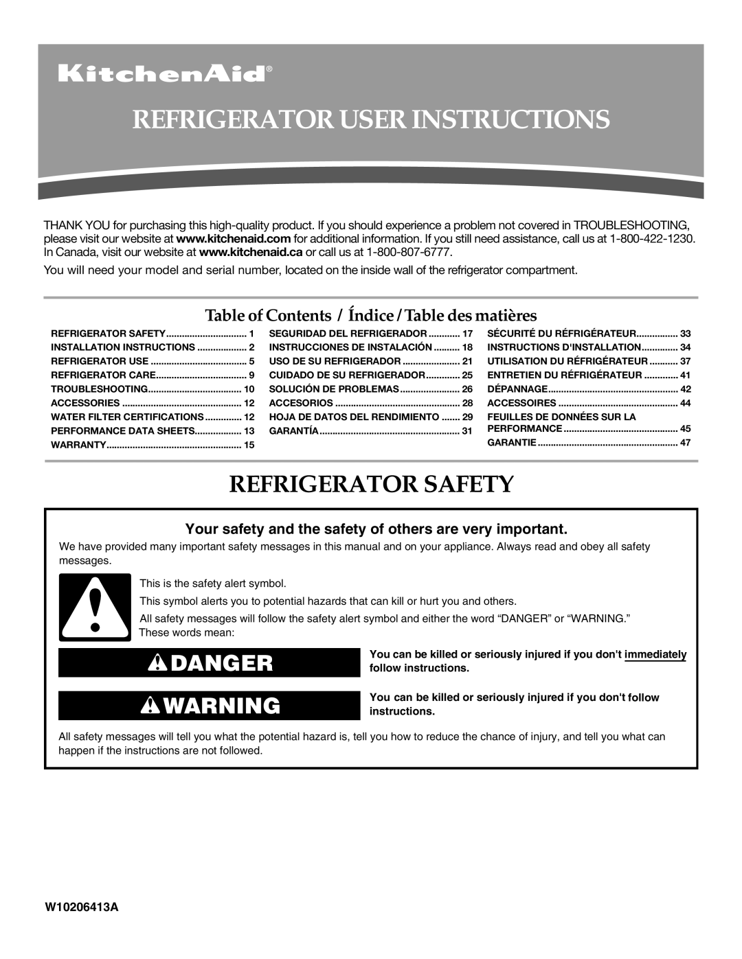 KitchenAid W10206413A, W10206412A installation instructions Refrigerator User Instructions, Refrigerator Safety 