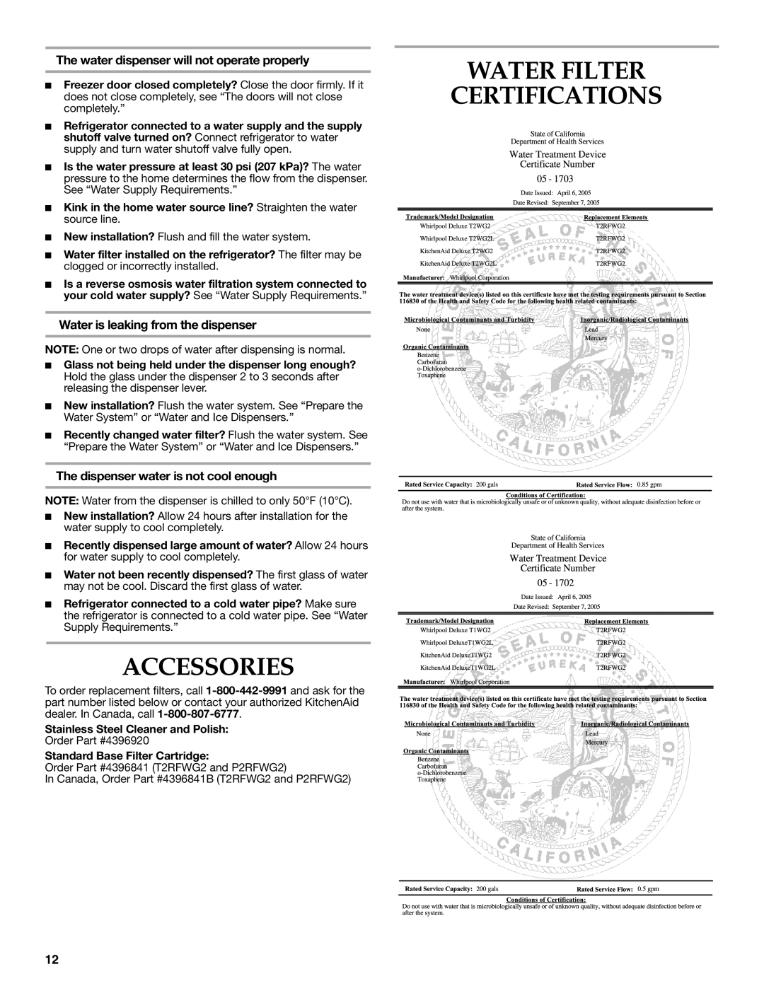 KitchenAid W10206412A, W10206413A Accessories, Water Filter Certifications, Water dispenser will not operate properly 