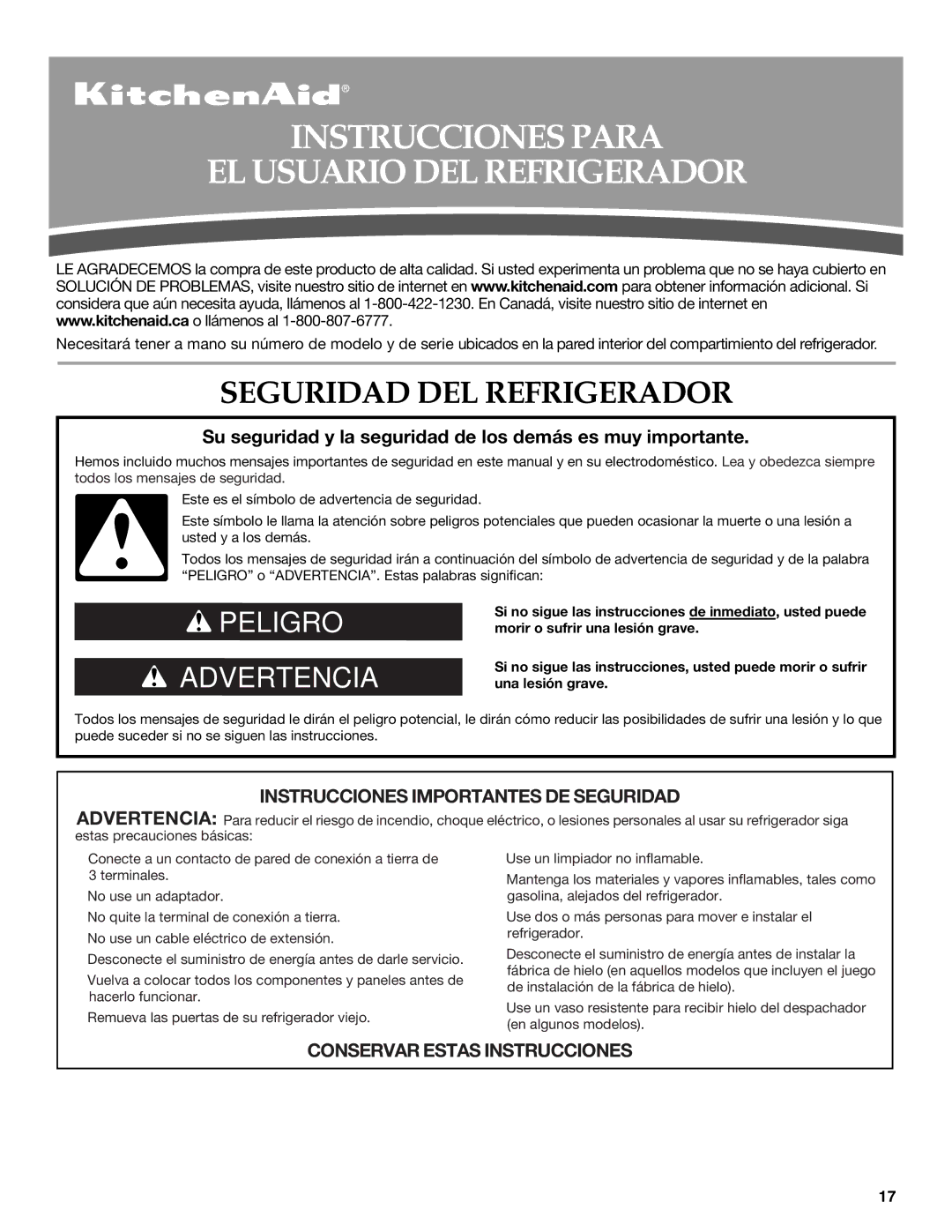 KitchenAid W10206413A, W10206412A Instrucciones Para EL Usuario DEL Refrigerador, Seguridad DEL Refrigerador 