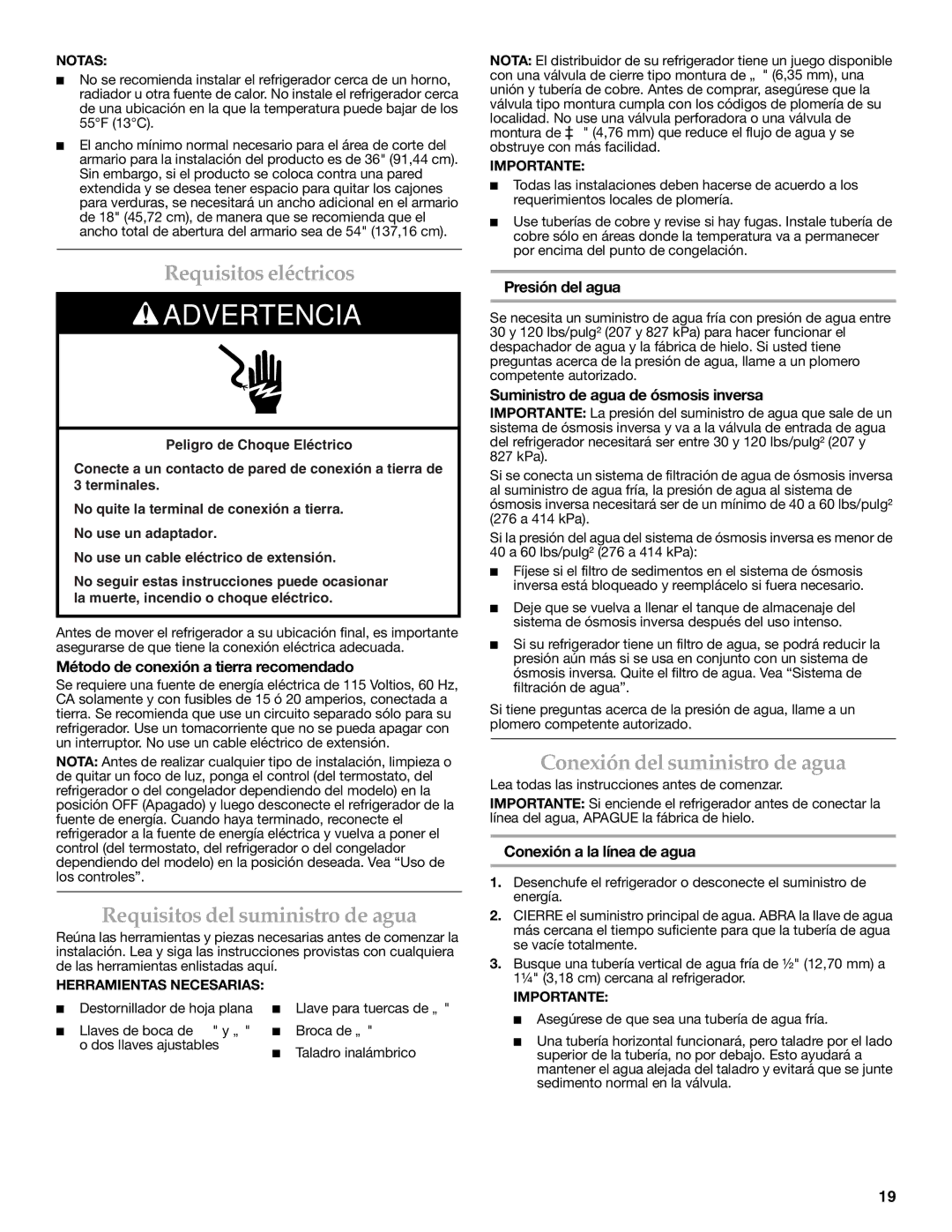 KitchenAid W10206413A Requisitos eléctricos, Requisitos del suministro de agua, Conexión del suministro de agua 