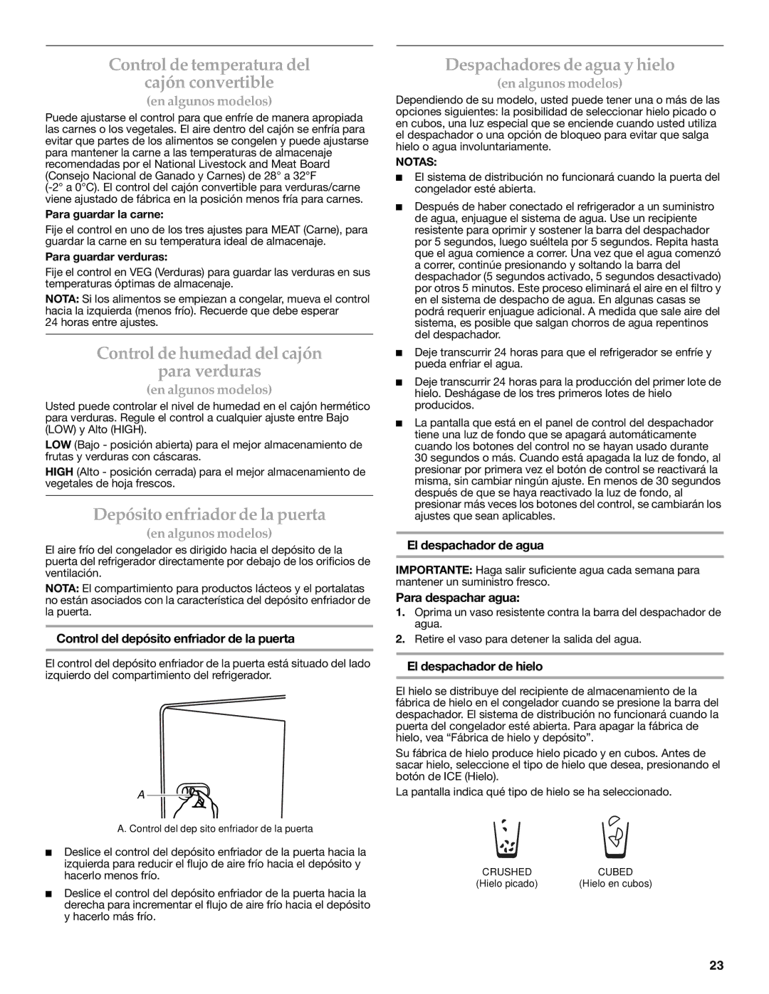 KitchenAid W10206413A, W10206412A Control de temperatura del Cajón convertible, Control de humedad del cajón Para verduras 