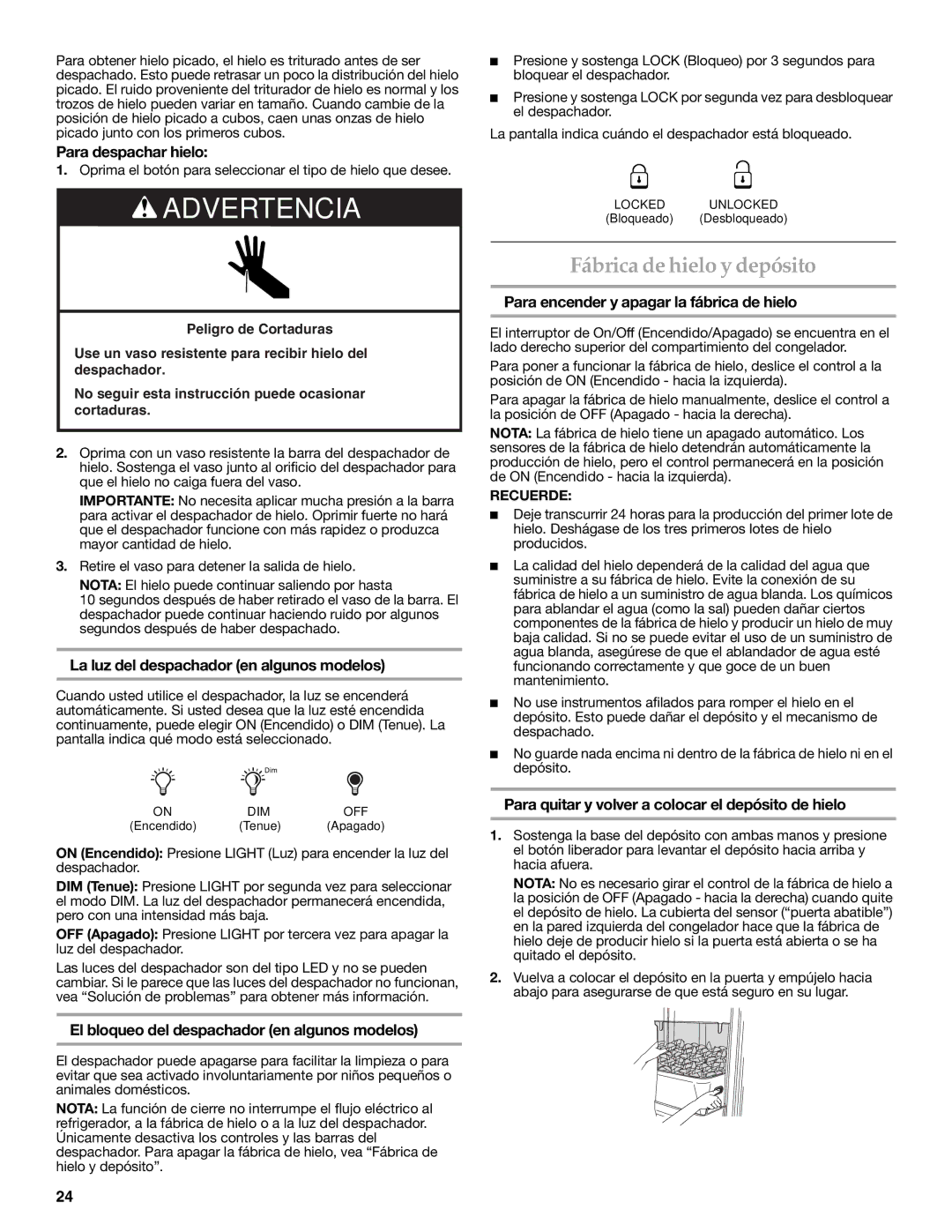 KitchenAid W10206412A, W10206413A installation instructions Fábrica de hielo y depósito 