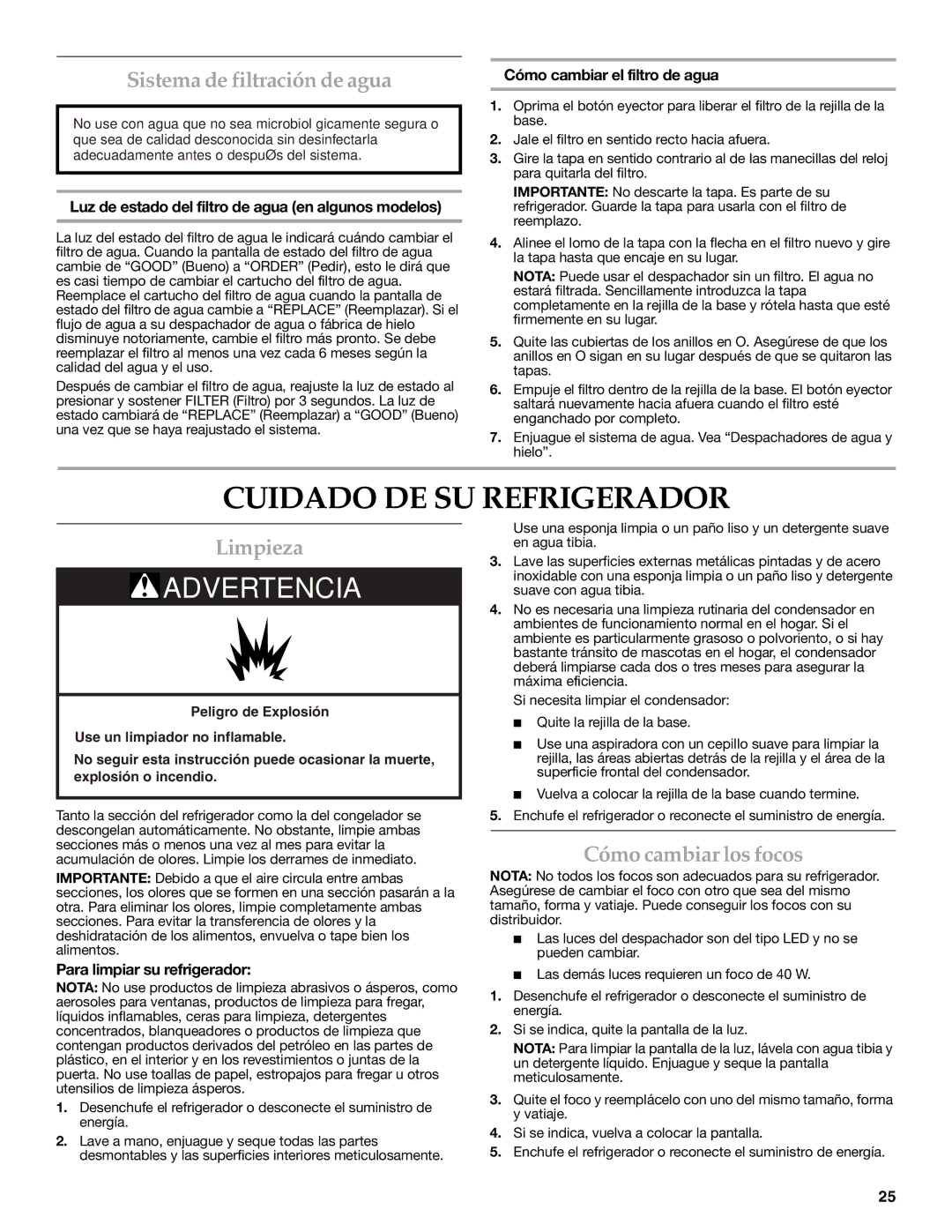 KitchenAid W10206413A Cuidado DE SU Refrigerador, Sistema de filtración de agua, Limpieza, Cómo cambiar los focos 