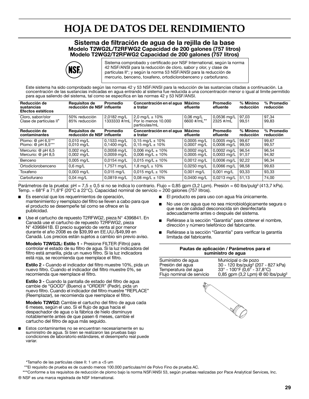 KitchenAid W10206413A Hoja DE Datos DEL Rendimiento, Pautas de aplicación / Parámetros para el Suministro de agua 