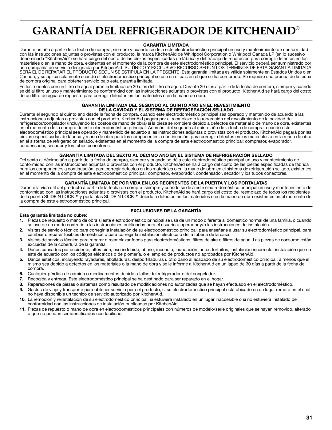 KitchenAid W10206413A, W10206412A installation instructions Garantía DEL Refrigerador DE Kitchenaid, Garantía Limitada 