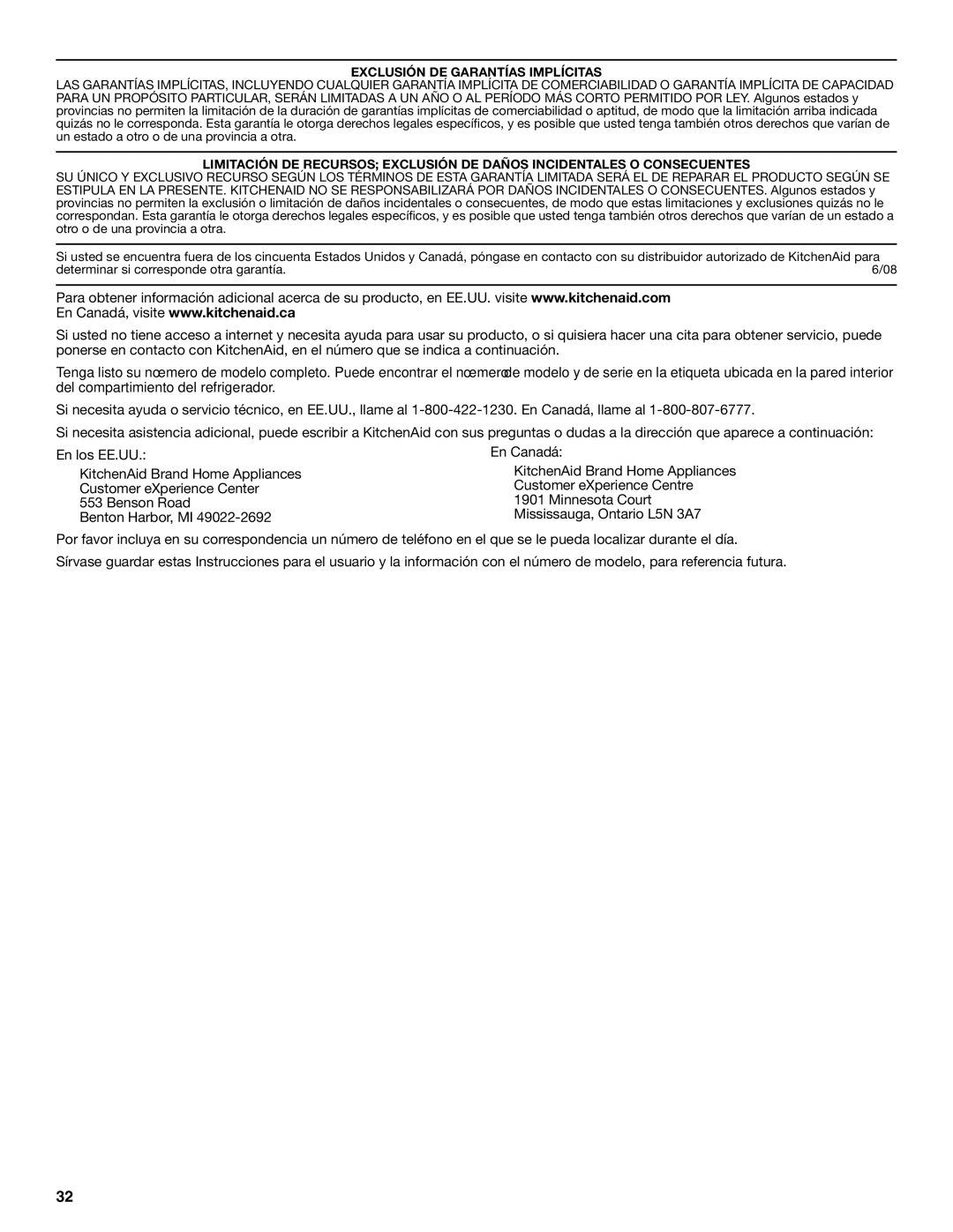 KitchenAid W10206412A, W10206413A installation instructions Exclusión DE Garantías Implícitas 