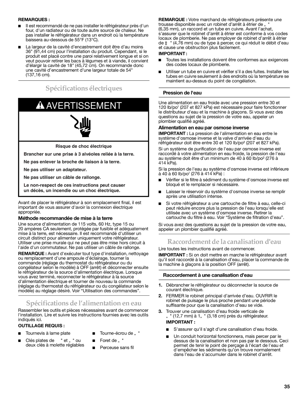 KitchenAid W10206413A, W10206412A Spécifications électriques, Spécifications de l’alimentation en eau 