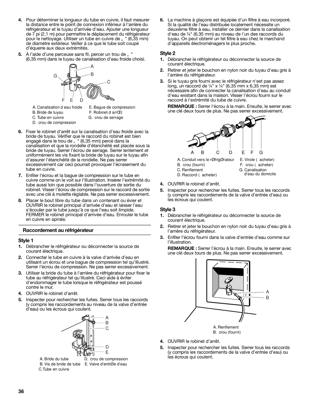 KitchenAid W10206412A, W10206413A installation instructions Raccordement au réfrigérateur Style 