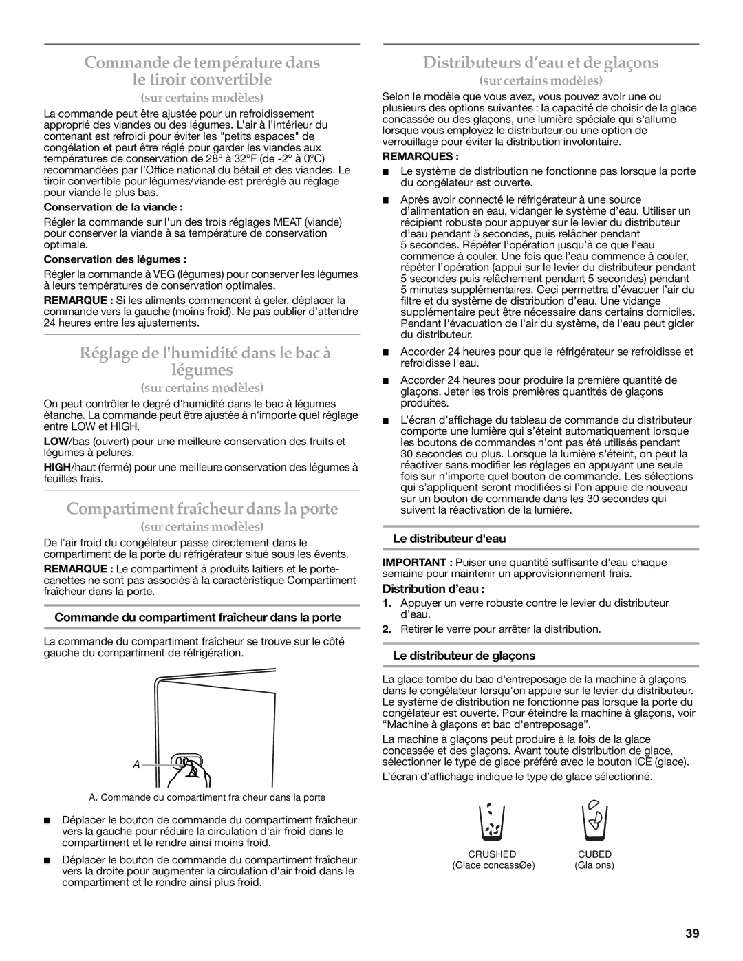 KitchenAid W10206413A Commande de température dans Le tiroir convertible, Réglage de lhumidité dans le bac à légumes 